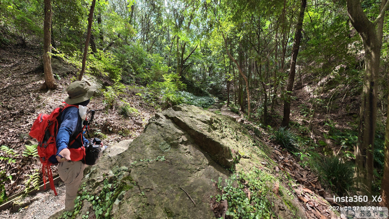 Insta360 X6で撮影した樹林帯を歩く登山者
