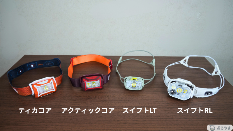 ペツルのヘッドライト4機種（ティカコア・アクティックコア・スイフトLT・スイフトRL）を並べて比較したシーン