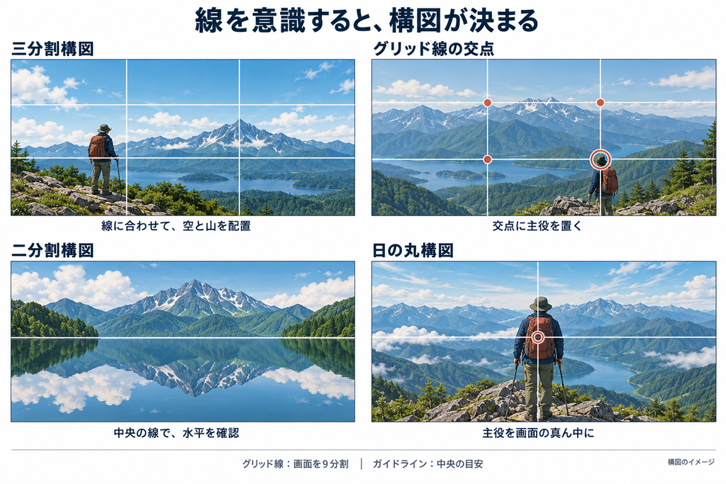 三分割構図・グリッド線の交点・二分割構図・日の丸構図をグリッド線で示した図