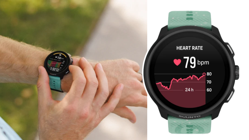 SUUNTO RUN 2の心拍数画面と、腕のウォッチを操作する様子
