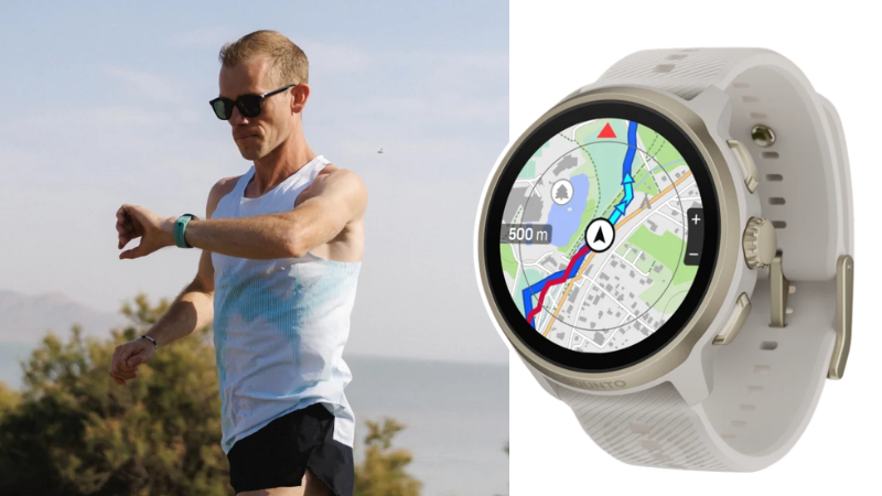SUUNTO RUN 2のマップナビ画面と、走りながらウォッチを確認するランナー