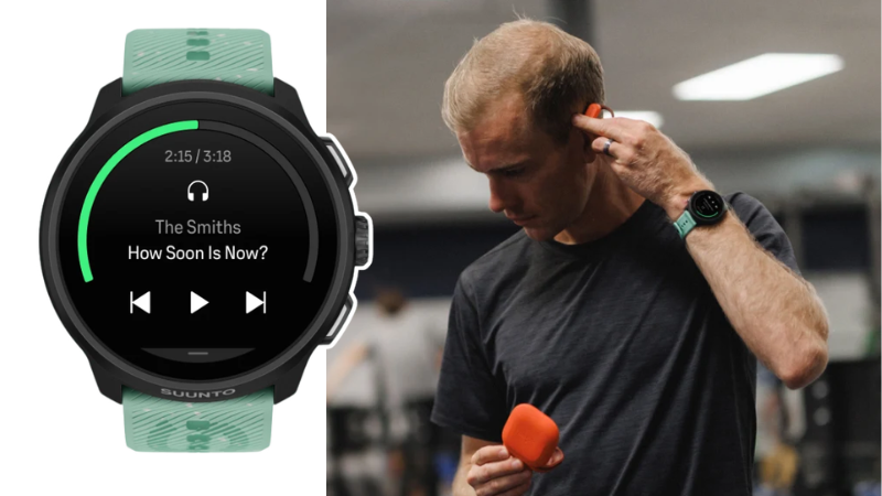 SUUNTO RUN 2の音楽再生画面と、腕に着けて音楽を聴くランナー